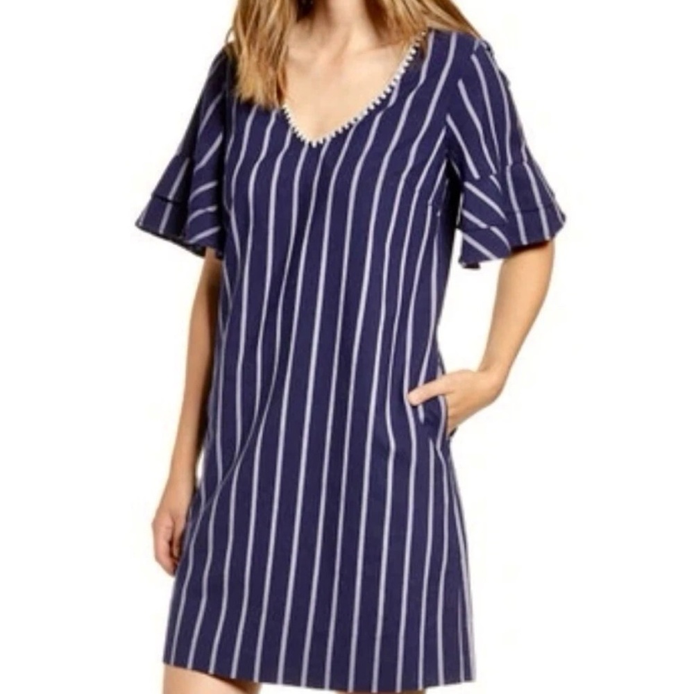 TOMMY BAHAMA $135 Vista Stripe Flutter Tiered Sleeve Shift Dress Pockets Small